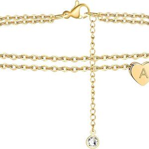 Heart Initial Ankle Bracelets for Women, 14K Gold Filled Handmade Dainty Layered